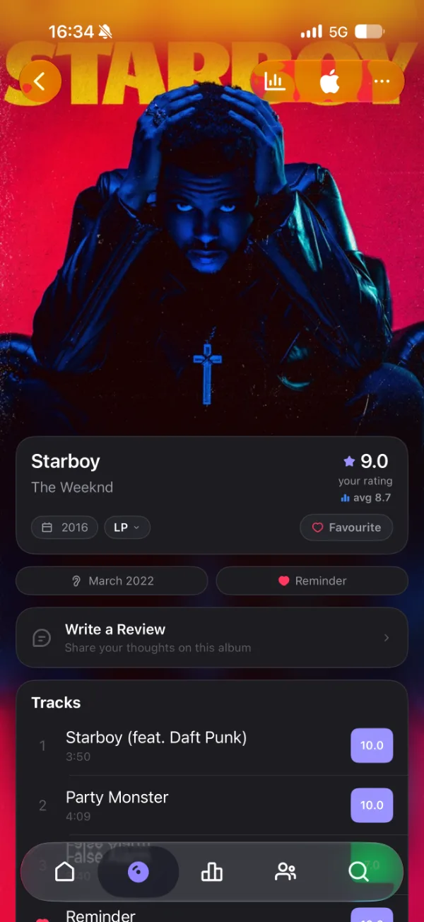 Beattier album screen showing Starboy rated 9.0 with track-by-track scores
