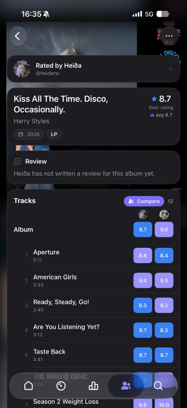 Compare view with two friends' track ratings side by side