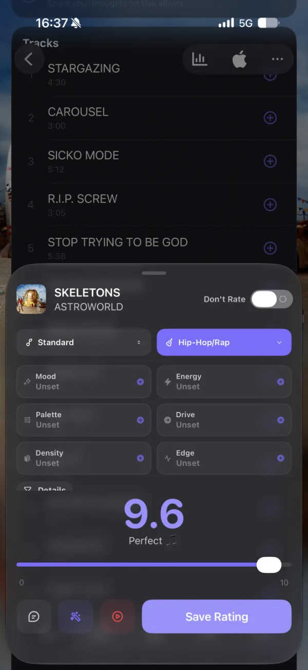 Rating sheet showing Skeletons scored 9.6 with mood and energy tags